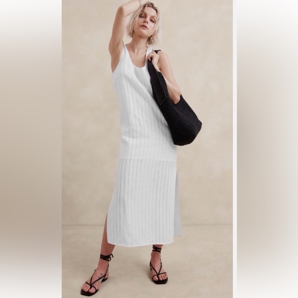 Banana Republic White Striped Linen Blend Midi Dress Size Lg J-43